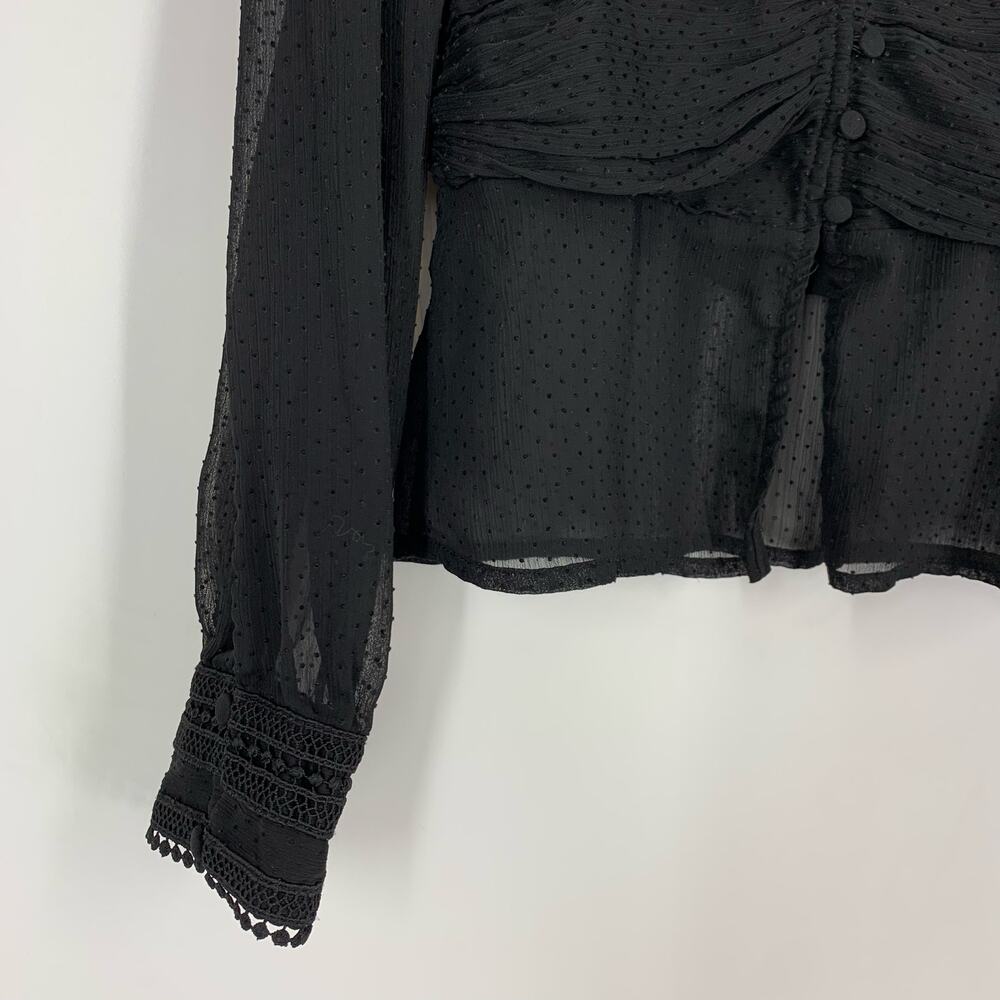 Zara Blouse Women XS Black Sheer Swiss Dot‎ Lace Trim V-Neck Long Sleeve - Picture 4 of 7